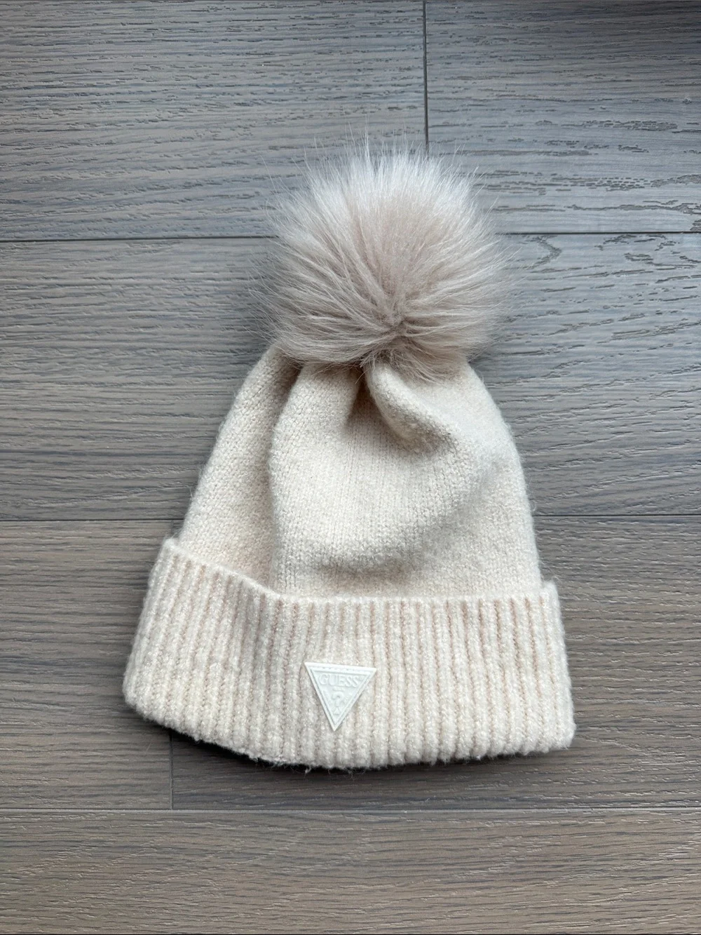 Guess Cream Knit Pom-Pom Beanie
